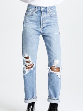 Agolde Light Wash 90s Mid Rise Loose Fit Distressed Jeans - 28 W 29 L
